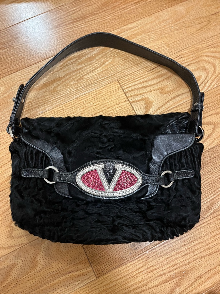 Valentino Black Broadtail Fur Shoulder Bag With Accent Emblem